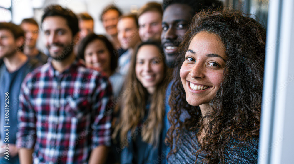 Fototapeta premium A diverse group of smiling young professionals standing closely together in a casual office setting, projecting teamwork and positive work environment.