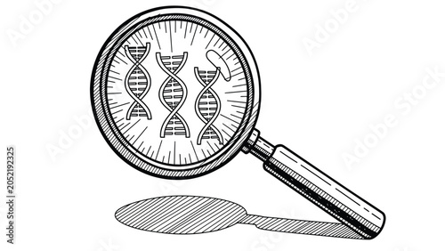 Magnifying glass examining dna strands and helix structures hand drawn sketch style black and white line art vector illustration for genetic research and.