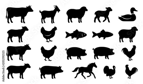 Canvas Print Farm Animals Silhouettes Collection Livestock and Poultry Vector Set