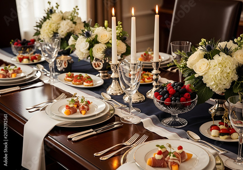 A beautifully set dining table with floral arrangements and candles hosts a formal dinner event with elegant tableware and decorative fruit.