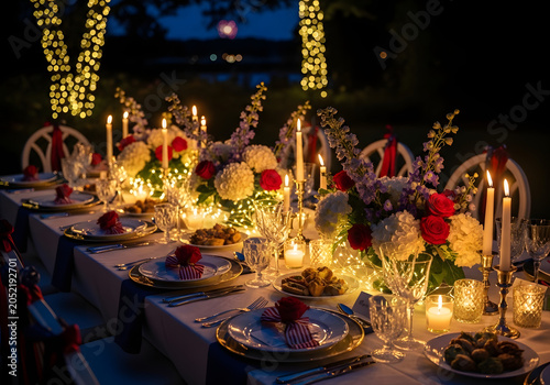 A romantic outdoor dinner party unfolds at dusk with elegantly set tables adorned with candles flowers and fine dining utensils amidst warm string lights.
