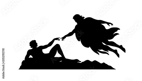 Creation of Adam Silhouette Illustration. Artificial Intelligence and Innovation Concept. Old Testament Black Silhouette