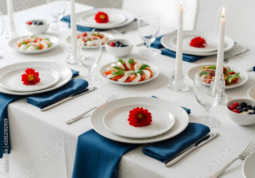 A beautifully set table with white plates, blue napkins, and candles lit for a formal dinner event with food.