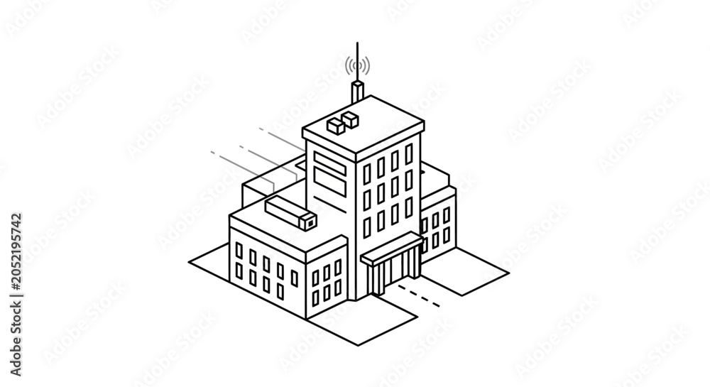 Fototapeta premium Isometric Building with Antenna, Communication Tower and Solar Panels