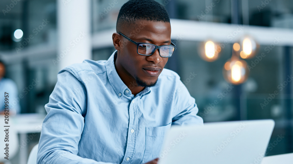 Obraz premium Young African American man working on laptop in office