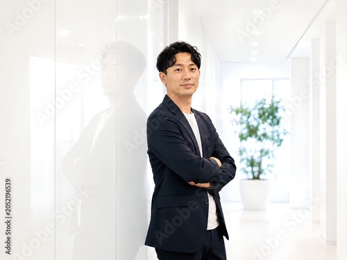 明るいモダンオフィスに立つ自信のある日本人ビジネスマン Confident Japanese Businessman Standing in Bright Modern Office