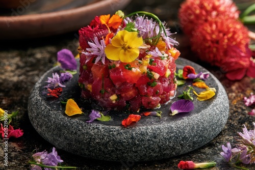 Fresh tuna tartare decorated with vibrant edible blossoms on a textured basalt stone in a macro culinary shot for fine dining menus