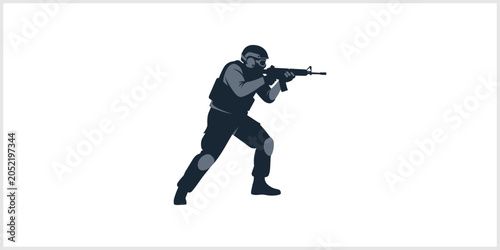 Konstfotografi Soldier in Tactical Gear Aiming Assault Rifle on White Background