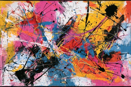Vibrant paint splatters layered with dynamic drips on a textured canvas in a sharp focus studio shot for creative branding and design marketing