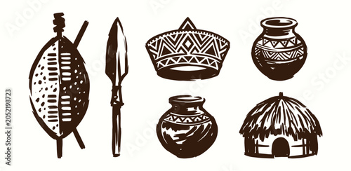 Foto Zulu South Africa cultural icons hand drawn sketch set for heritage design