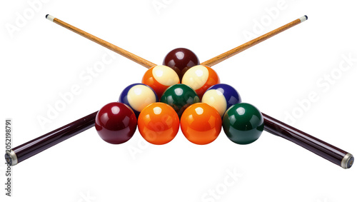 Schilderij op canvas Billiard balls racked in triangle with cues