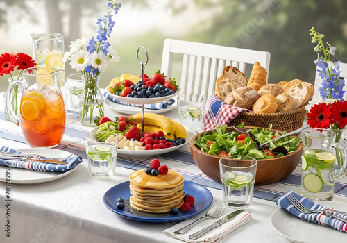Outdoor summer picnic with food and drinks on a table in garden