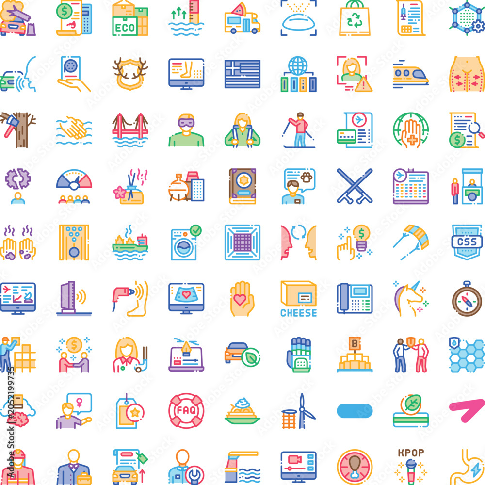 Fototapeta premium Set of vector icons illustrating diverse concepts including technology, environment, health, business, economy, lifestyle, and communication, perfect for ui design and web applications