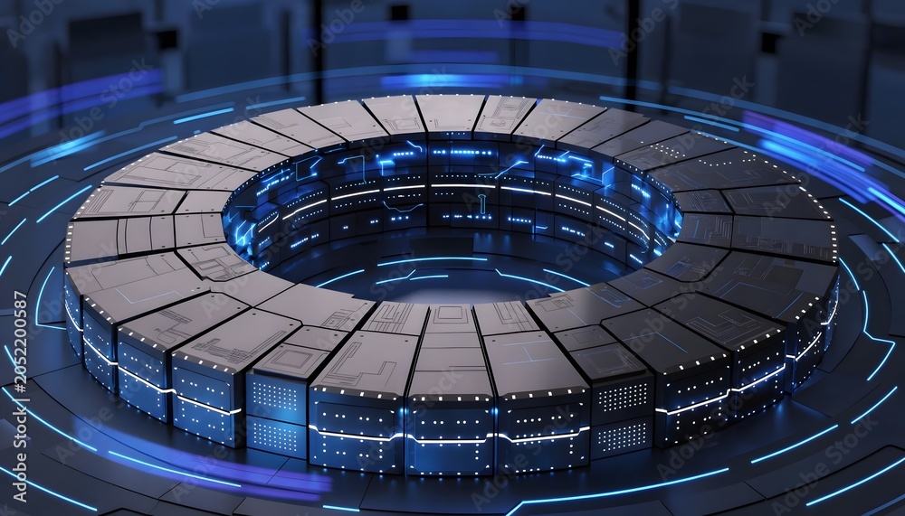 Fototapeta premium Futuristic circular arena with glowing blue lights in dark cyberpunk architectural setting