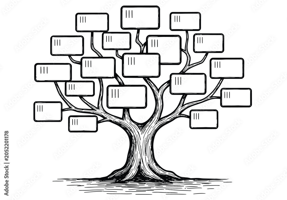 Φωτογραφία Family tree diagram with many rectangular boxes representing individuals connected by branches, symbolic organizational chart structure