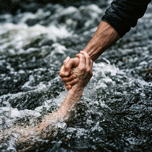 Close-up of a hand catching and saving a drowning person from a raging river, symbolizing the miracle of saving a life, hope, and rescue in a minimalist composition