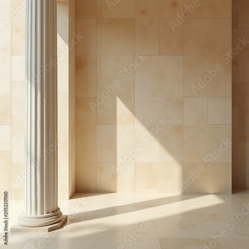 Minimalist interior space with fluted column and beige tiled walls. Natural light creates geometric shadows on floor and wall. Classic architecture backdrop.