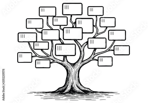 Fotografija Family tree diagram with many rectangular boxes representing individuals connected by branches, symbolic organizational chart structure