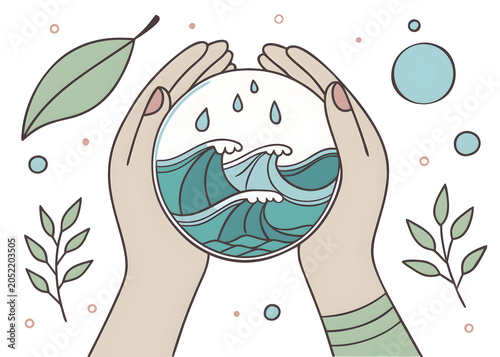 Cupped hands nurturing a clear sphere containing ocean waves and falling raindrops during a calm day isolated on transparent background