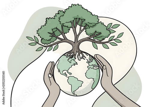 Hands cradle Earth with flourishing tree symbolizing environmental care and growth isolated on transparent background