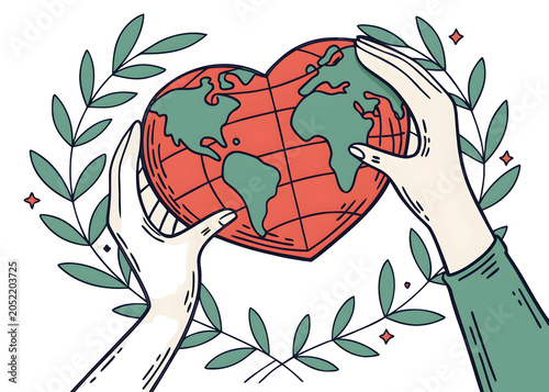 Hands cradling heart-shaped Earth with laurel branches during daylight Isolated on transparent background