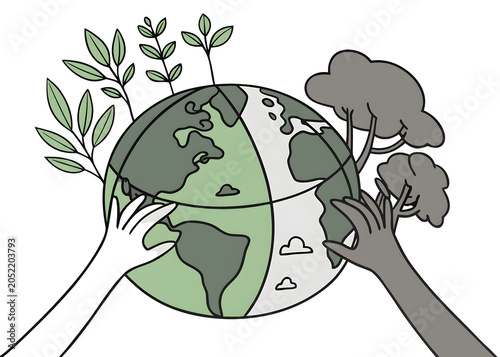 Hands nurturing planet with growing plants and trees during daylight concept Isolated on transparent background