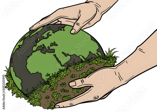Two hands gently holding a green earth with moss and soil during daylight isolated on transparent background