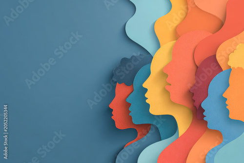 Papercut style illustration of overlapping female head profiles in red, yellow, orange, and blue tones with textured layers and copy space on a deep blue background.