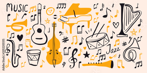 Canvas Print Music instruments jazz doodle background with cartoon saxophone guitar piano and
