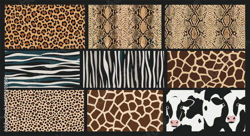 Collection of various animal skin patterns including leopard, zebra, giraffe, cow, and snake for fashion and design.