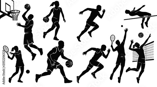 Photos Silhouette Sports Icons Set with Various Athletes in Action