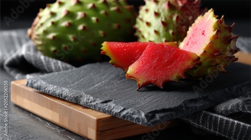 A ripe red fruit with a spiky exterior and a slice cut out of it.