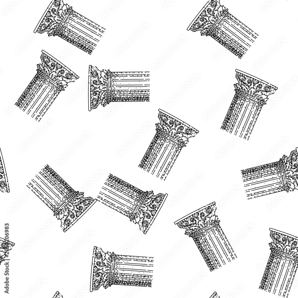 Naklejka premium seamless pattern Ancient corinthian column capital and fluted shaft, illustrating classical architectural elements with decorative acanthus leaves and volutes in a hand drawn line art style
