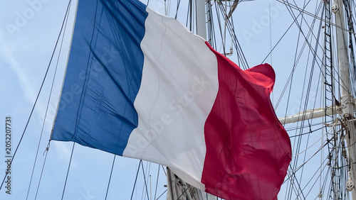 French Tricolor Flag Waving from Rigging of a Tall Sailing Ship
