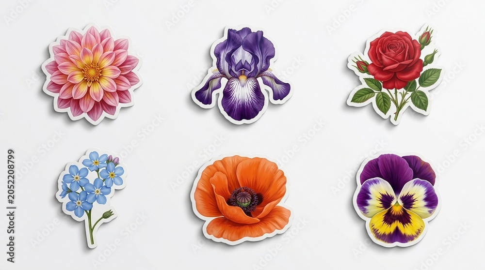 Naklejka premium Colorful flowers stickers on white background.