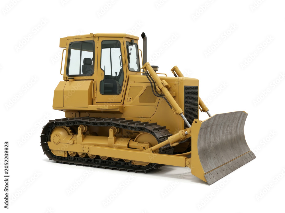 Obraz premium A yellow bulldozer is parked on a flat surface with its blade raised.