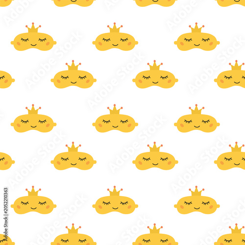 Seamless Pattern. Yellow princess with crown Mask for dreamingr Night mask. flat iilustration.