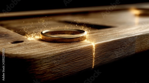 A golden ring with a diamond sits on a wooden surface.