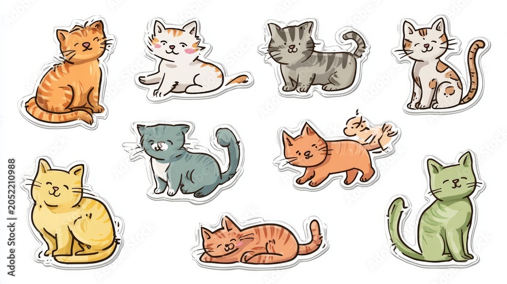 Fototapeta premium 100.Cartoon cat illustration set featuring playful kittens and adult cats in multiple poses, flat vector style, clean outlines, sticker and label design concept