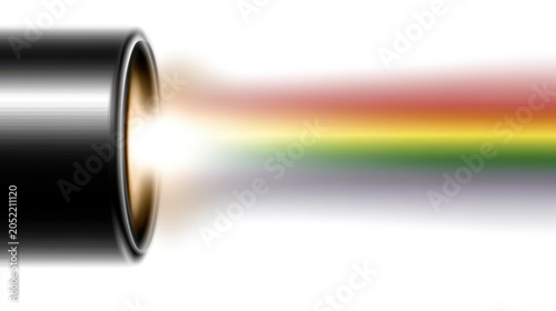 A black cylinder with a yellow light at the end, emitting a rainbow of colors.
