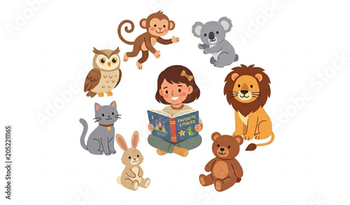 Canvas Print Cute Little Girl Reading Book Encircled by Plush Animal Companions Vector Illust