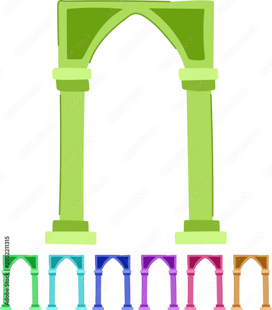 Naklejka premium Ancient architectural archway with strong columns and an elegant arch creating a passage or entrance, rendered in a simple, illustrative style on a white background