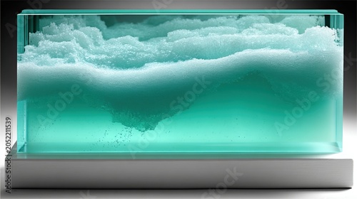 A glass sculpture of a wave with white foam.