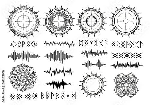 Mystical and Sci-Fi Graphic Elements: Magic Circles, Norse Runes, Audio Waveforms, and Mandalas for Creative Design