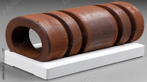 A cylindrical sculpture with a textured surface and a hole in the center, resting on a white rectangular base.