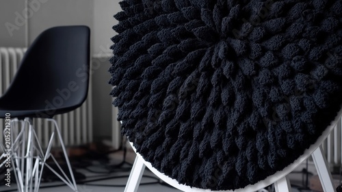 A black knitted cushion on a white chair.