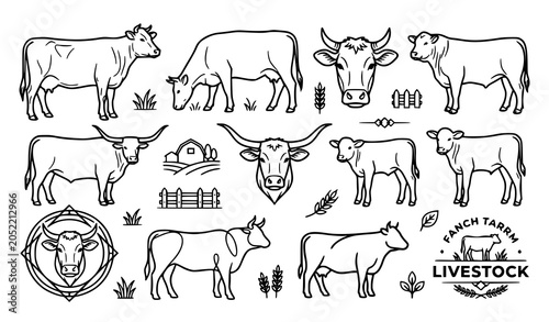 Obraz na płótnie Line art illustration of various cattle breeds and farm elements ideal for agric