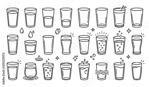 Fotografie Collection of hand drawn glasses with various water levels and effects