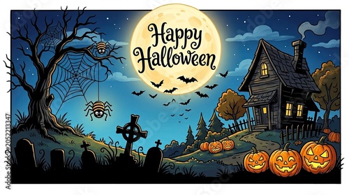 Happy halloween celebration background with spooky night scene and pumpkins
