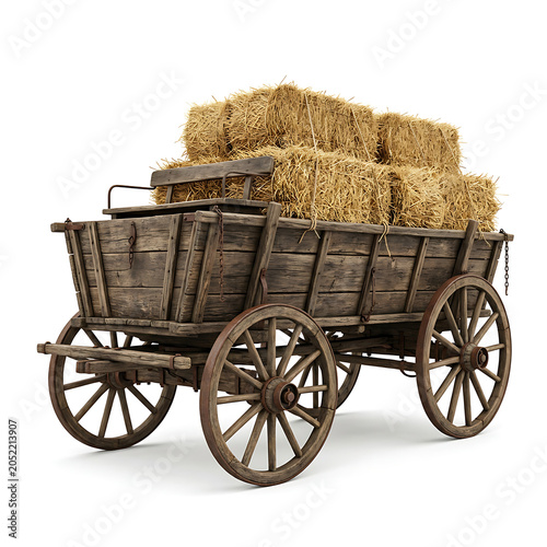 Rustic Wooden Farm Wagon Loaded with Hay Bales Isolated on White Background
